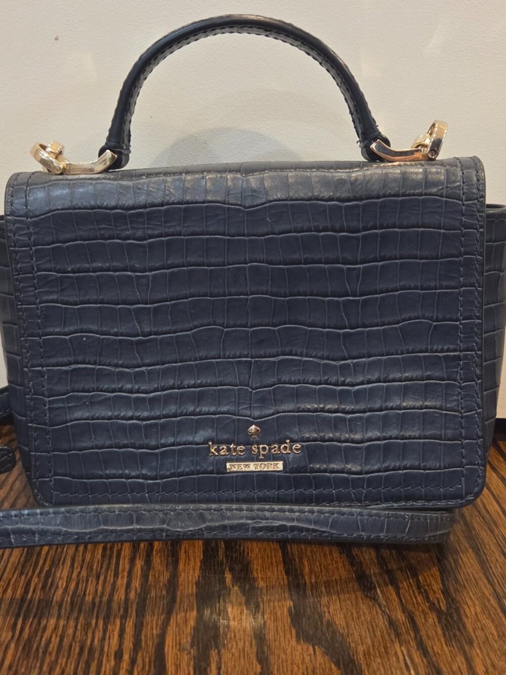 Kate Spade Navy Blue Croc-Embossed Leather Mini Top-Handle Crossbody